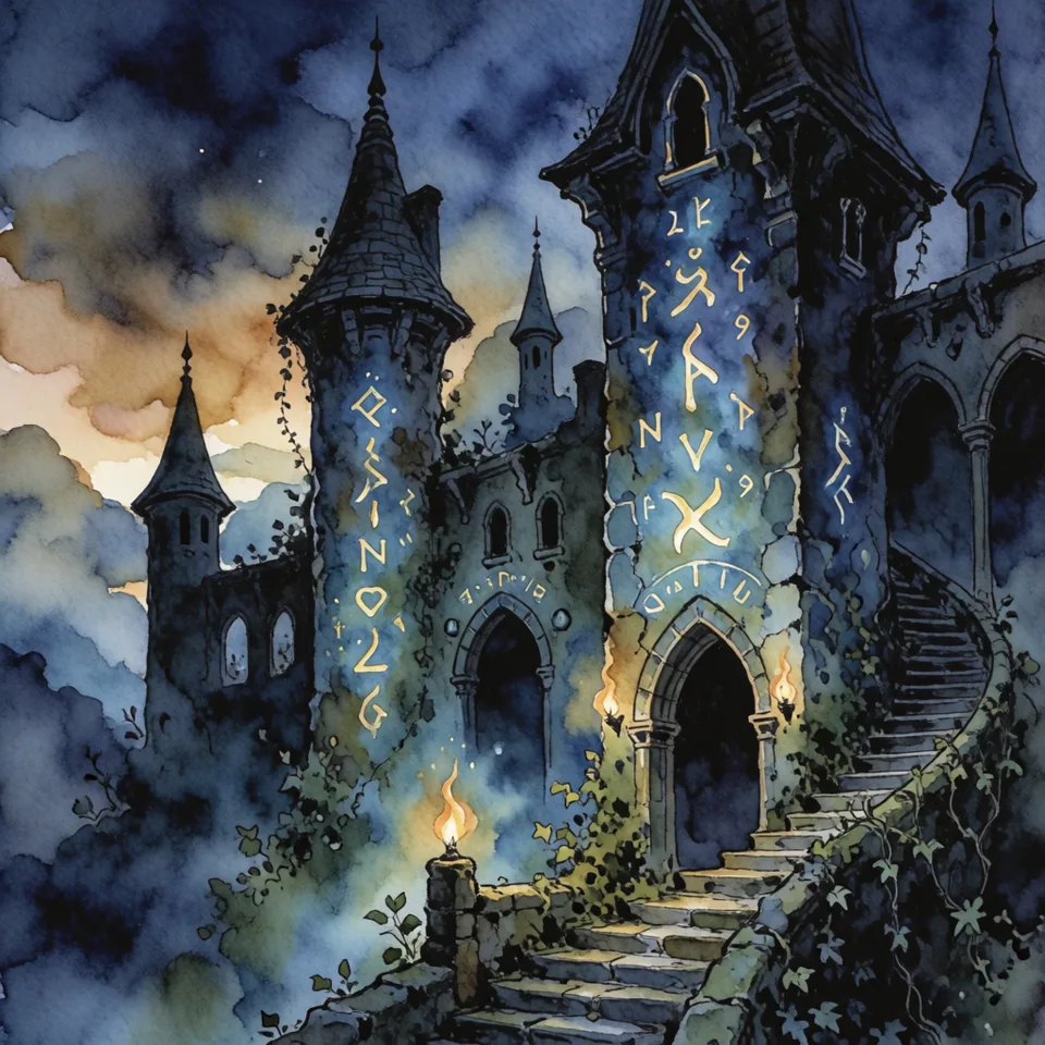 An arcane academy carved with luminous blue runes