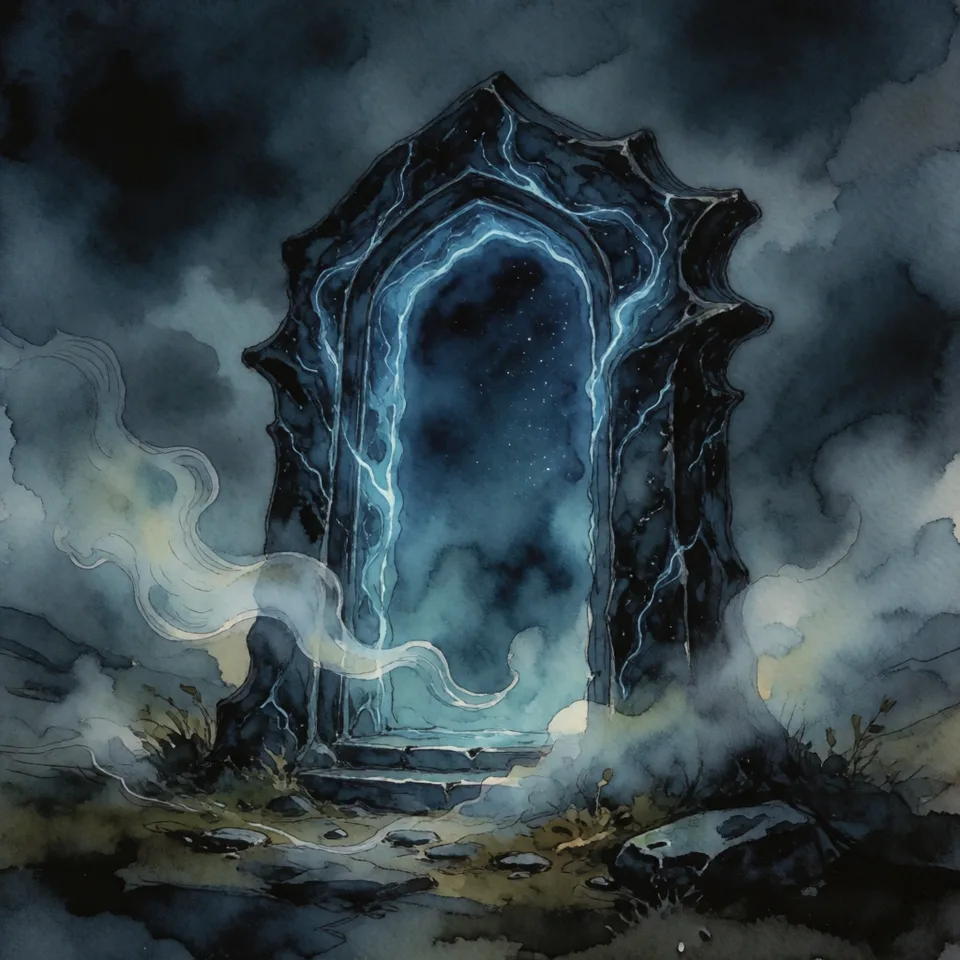 A luminous Nexus gateway emerging from storm-dark ruins