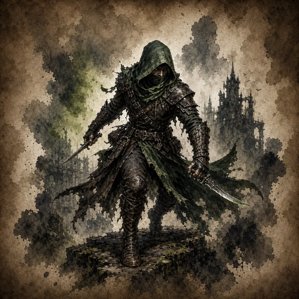 A hooded Cipher wielding twin blades in a ruined city