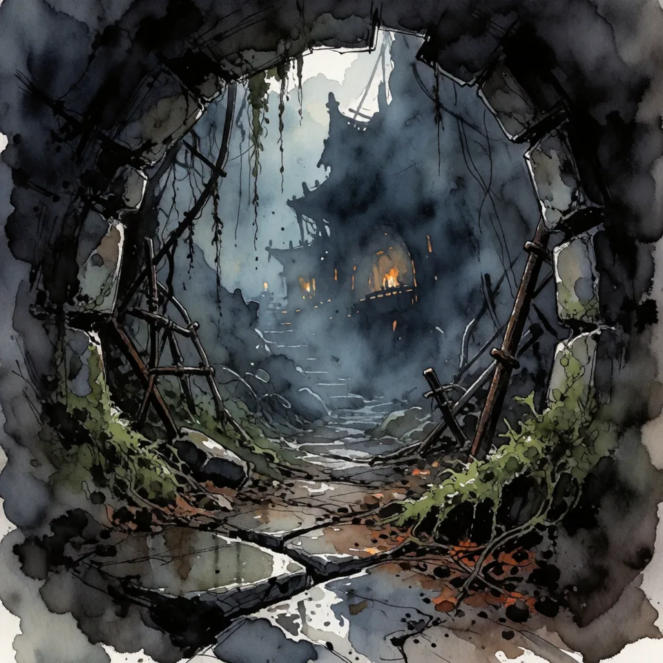 A hidden den seen through a broken tunnel and hanging roots