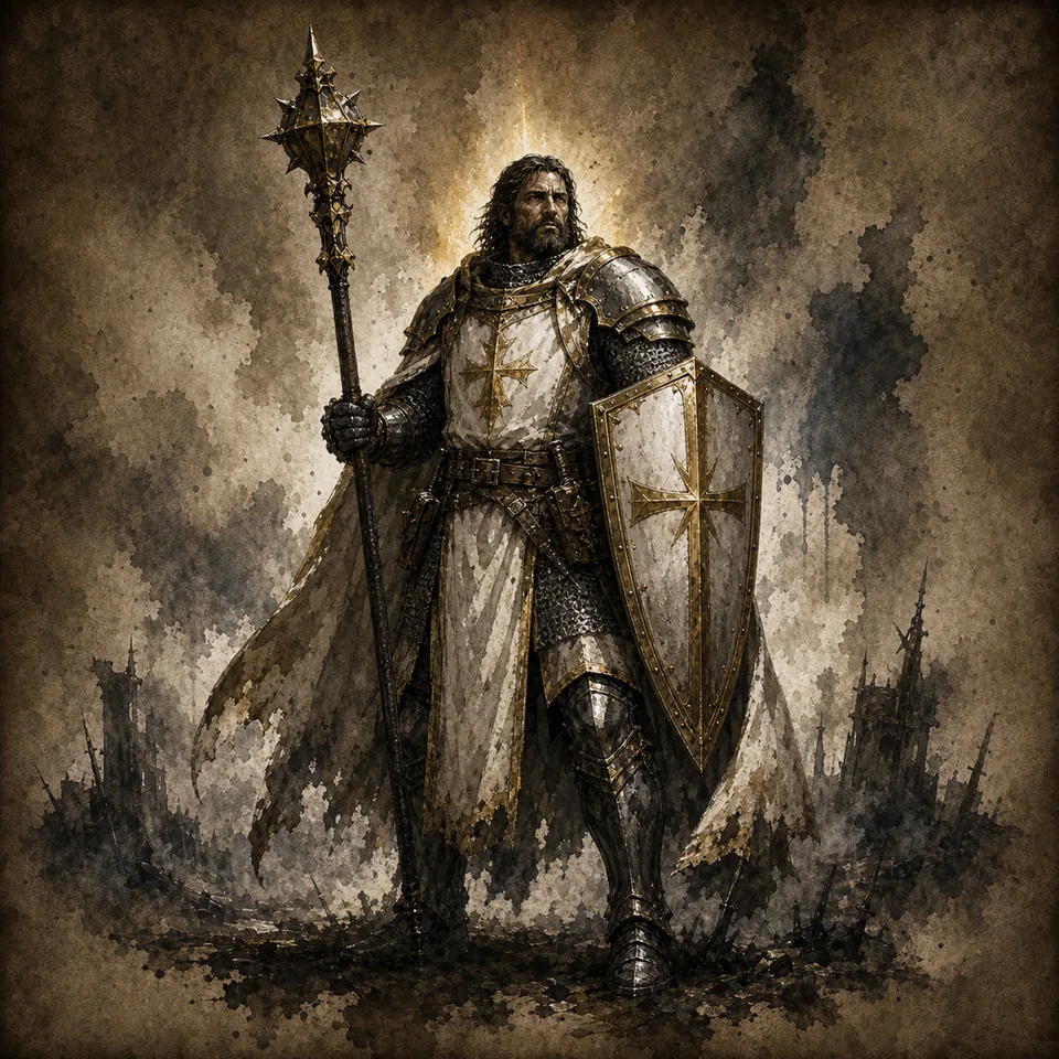 An ivory-armored Esper carrying a shield and sacred staff