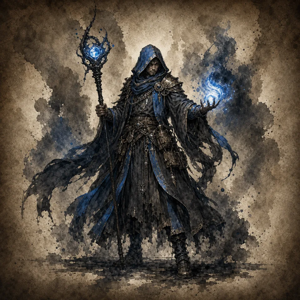 A blue-robed Magi holding a rune staff and arcane flame