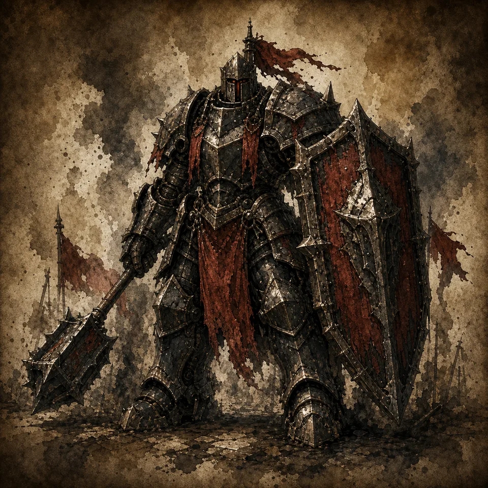 A heavily armored Myrmidon with a red cloak and tower shield