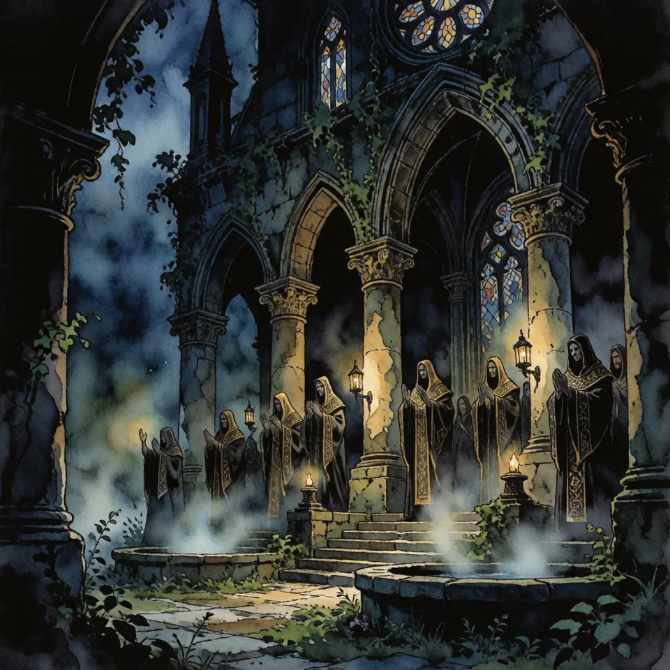 A ruined gothic temple lit with warm ritual light